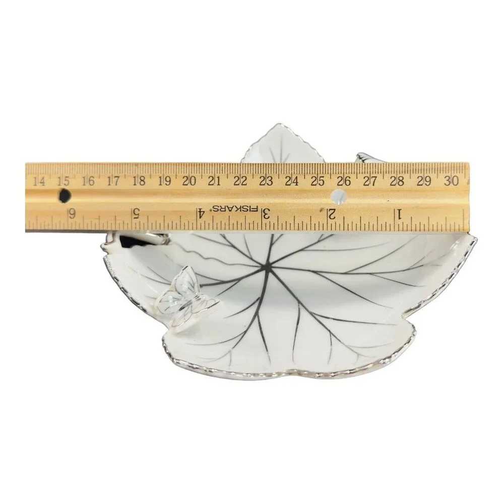 Andrea By Sadek Hand Painted Leaf Dish‎ Bowl Silver Overlay Butterfly And A Bug